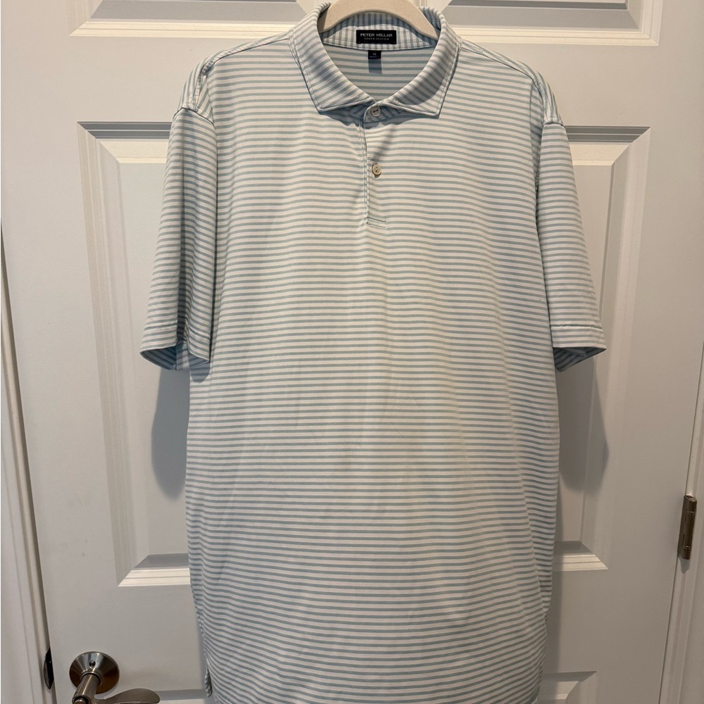 Peter Millar Light Blue and White Striped Performance Polo